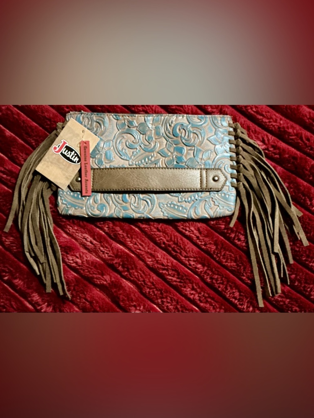 Justin Boots Turquoise Embossed Clutch with Brown Fringe